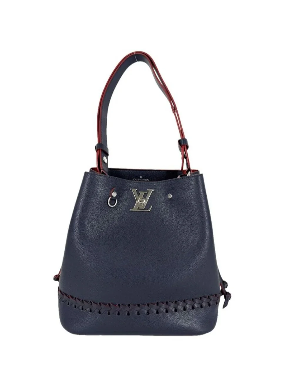 Louis Vuitton Shoulder Bag Lockme Bucket Crossbody Leather Navy Red Silver
